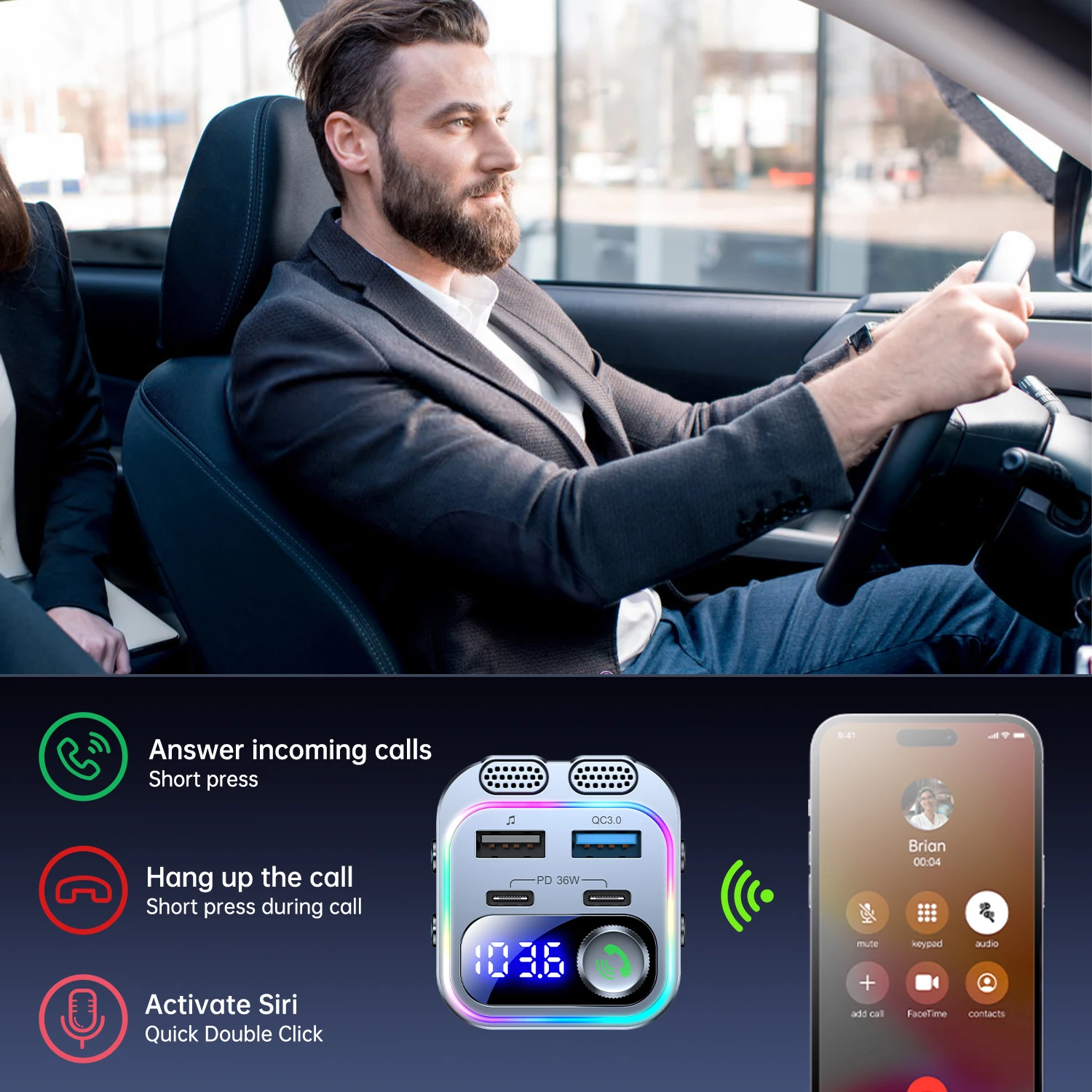 66W Fast Car Charger Bluetooth 5.4 FM Transmitter Wireless Radio Handsfree Calling Dual Mics & Deep Bass Car Charger Dual PD