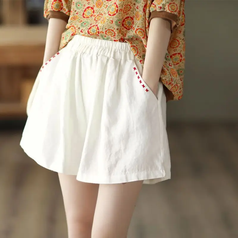 

Cotton and Linen Shorts Lady Vintage Embroidery Elastic Waist Solid Color Appear Thin All-match Ethnic Style Wide Leg Pants