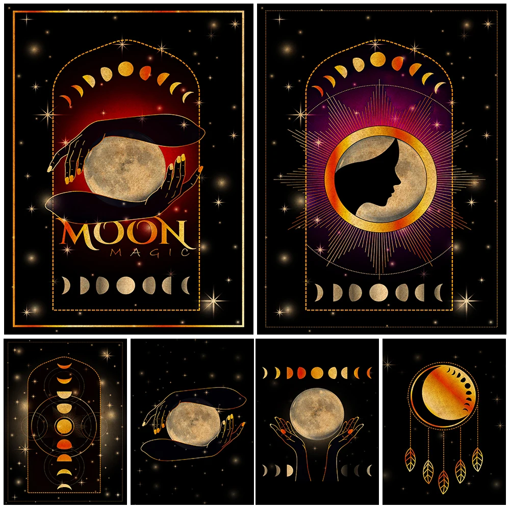 

Moon Goddess Sacred Magic Retro Wall Art Canvas Painting Moon Phases Mystical Wicca Poster And Print Home Decoration Unframed