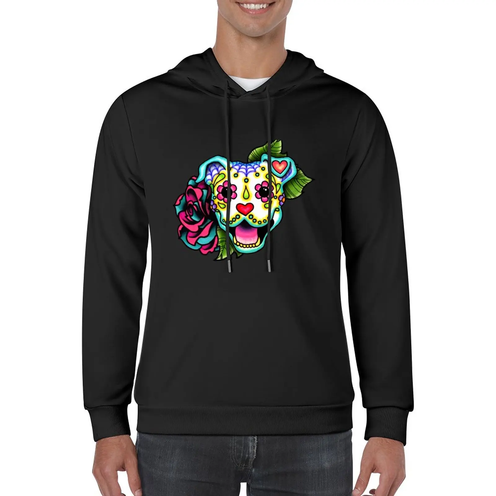 

New Smiling Pit Bull in White - Day of the Dead Pitbull - Sugar Skull Dog Pullover Hoodie male clothes men's hoodies