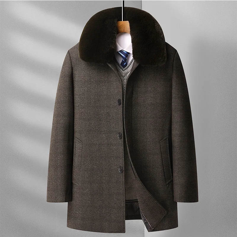 

Autumn Winter Men Fur Collar Woolen Coat Business Casual Fashion Handsome Warm Jacket Male Thick Loose Gentleman Cotton Coat