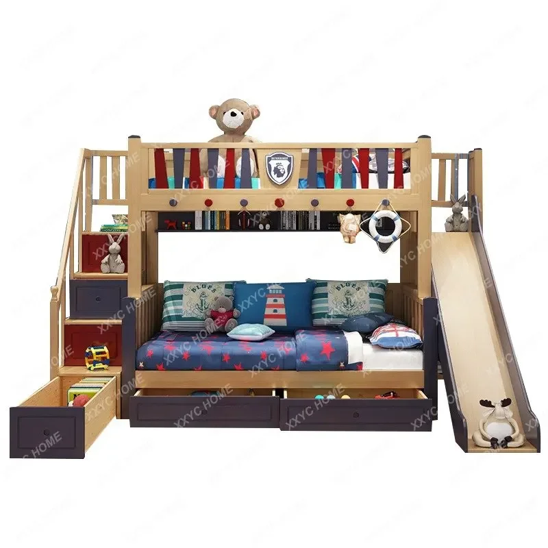

Solid Wood Height-Adjustable Bed Bunk Bed Slide Small Apartment Wood Color High Box Wooden Bed Double-Layer Children's Bed