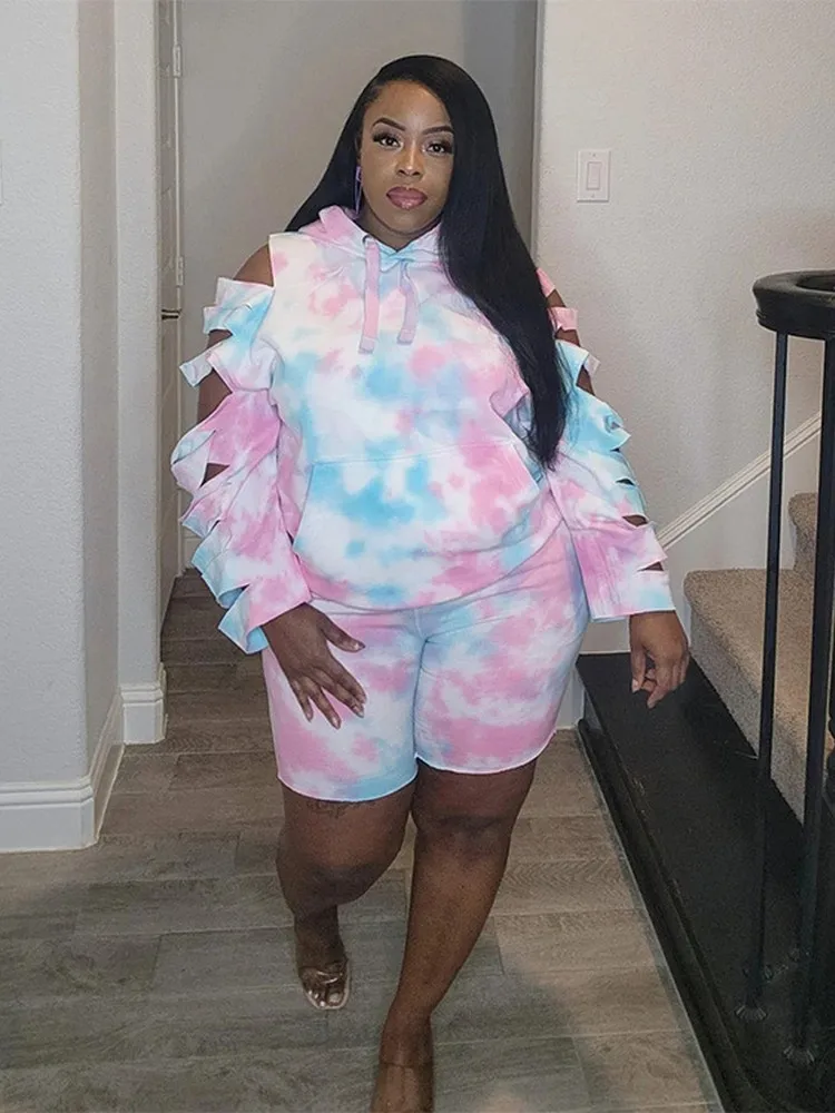 

ZJFZML ZZ Plus Size Women's Clothing Tie Dye Print Two Piece Sets Hooded Cutout Long Sleeve Hoodie + Bodycon Short Tracksuits