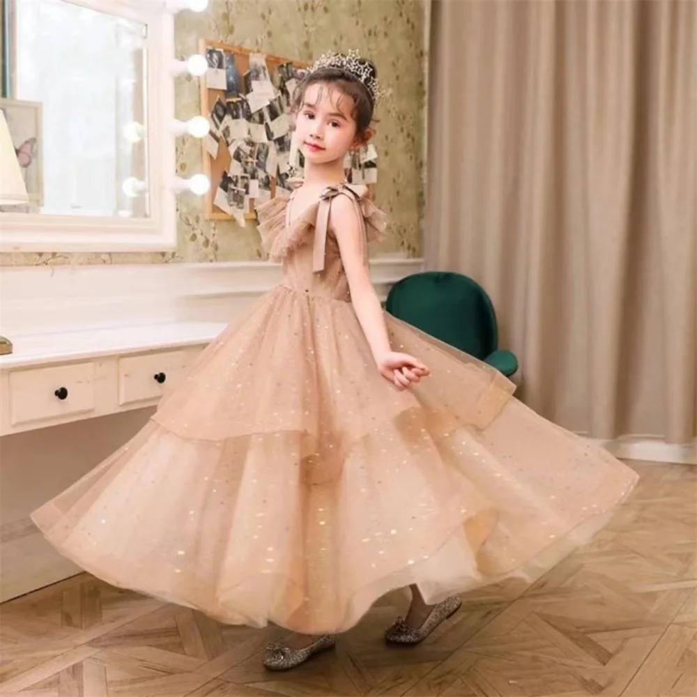 

V Neck Tie Customised Prom Dress Gorgeous Flower Girl Dress Sleeveless Shiny Tulle Birthday Pageant