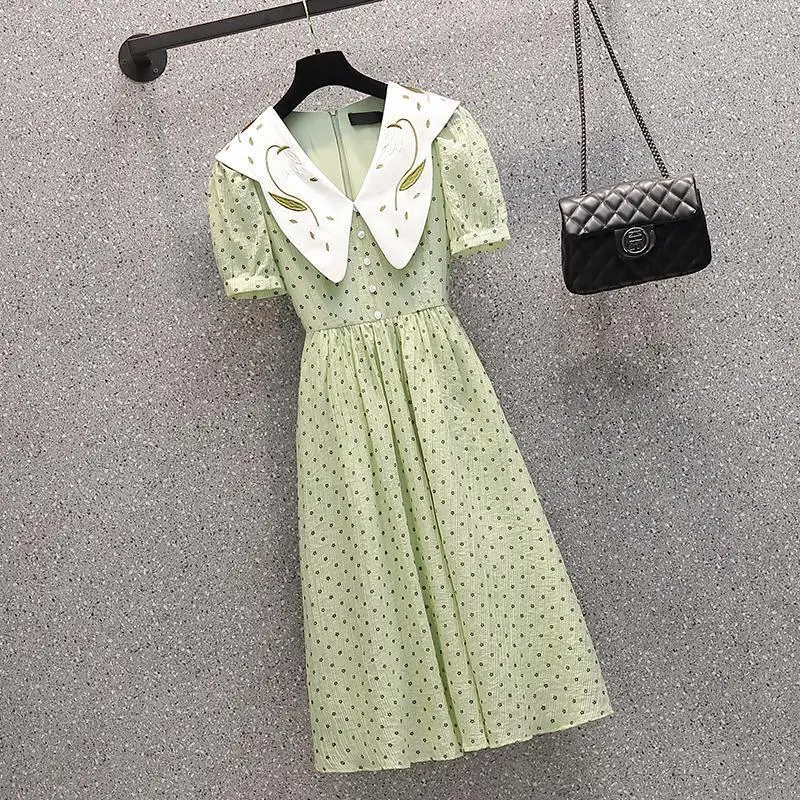 

Women's Summer Graceful Green Floral Midi Dress Korean Lady Chic Embroidery Peter Pan Collar High Waist Dresses Clothing Feamle