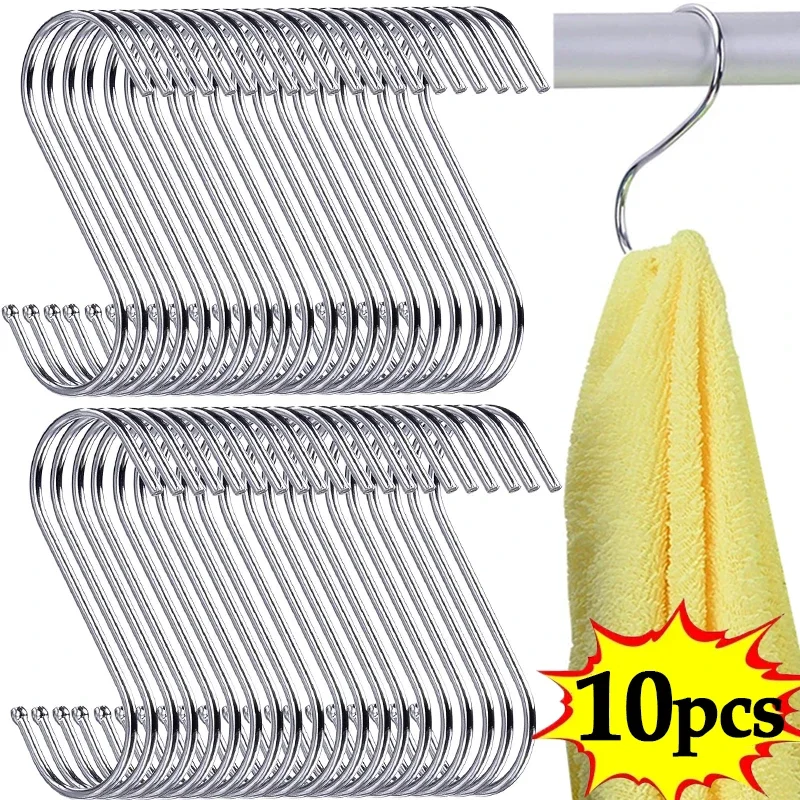 

10/2Pcs Stainless Steel S-Shaped Hooks Metal S Hanger for Hanging Clothes Towels Keys Durable Large Hook for Kitchen Bathroom