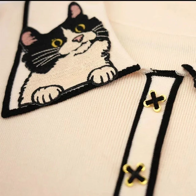 고양이 자수가 달린 세련되고 편안한 여성용 니트 티셔츠 풀오버