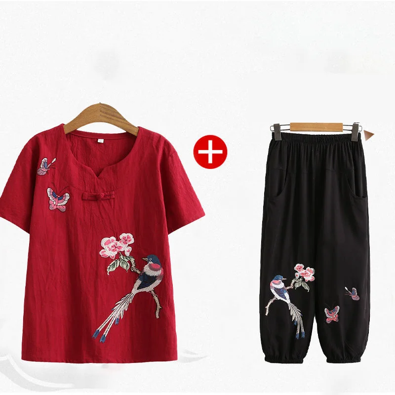 New Size Vintage Embroidery Cotton Linen T-shirt Women Summer O-Neck Loose Casual Chinese Style Buckle Top Female Tee Hanfu
