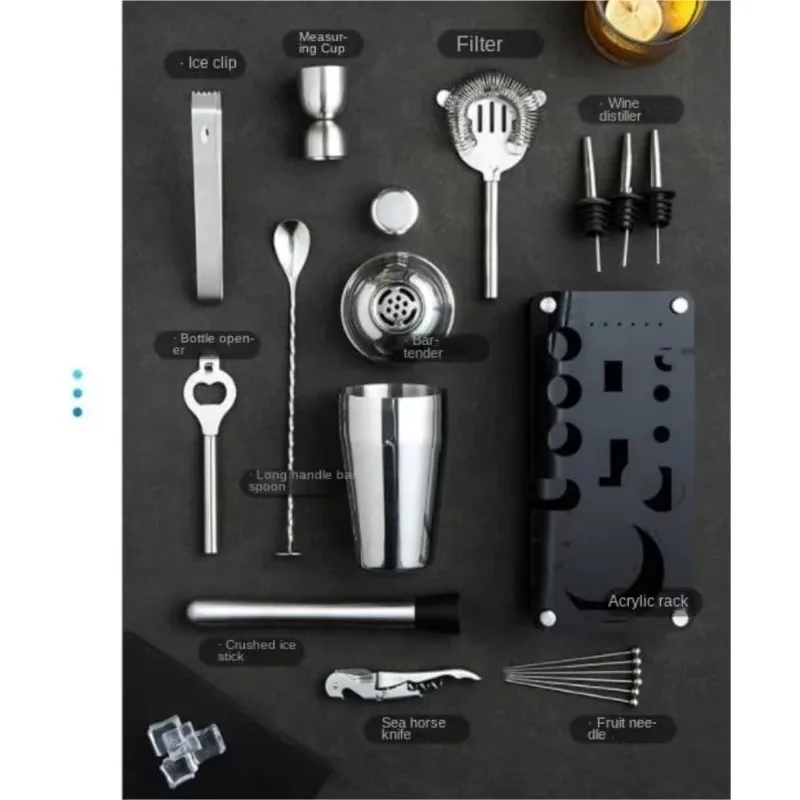 Professional Bar Tool Set Stainless Steel Cocktail Shaker Set Acrylic Stand Bartender Essential Tool for Bar Party Home Use
