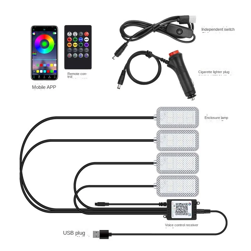 

Car interior atmosphere light modified Led atmosphere flash decorativefoot USB eight color voice control music rhythm light 12V
