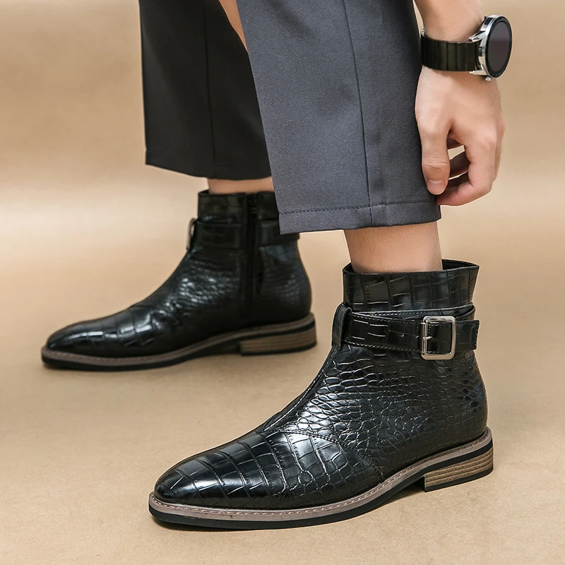 High End Banquet Formal Boots Winter Ankle Boots Men's Business Shoes Pointed Men's Genuine Leather Shoes Retro Brown Size:38-46