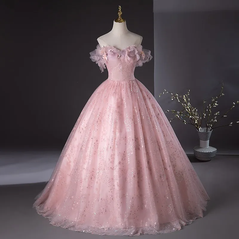 

Розовое милое платье для Quinceanera, классическое Тюлевое Пышное Платье с блестками для выпускного вечера для женщин, элегантное кружевное бальное платье до пола с аппликацией