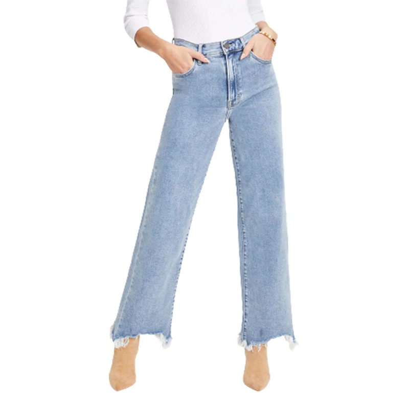 Summer Simple Style Blue Wide Leg Jeans Women Mid Waist Irregular Tassel Denim Pants Female Casual Korean Version Thin Trousers