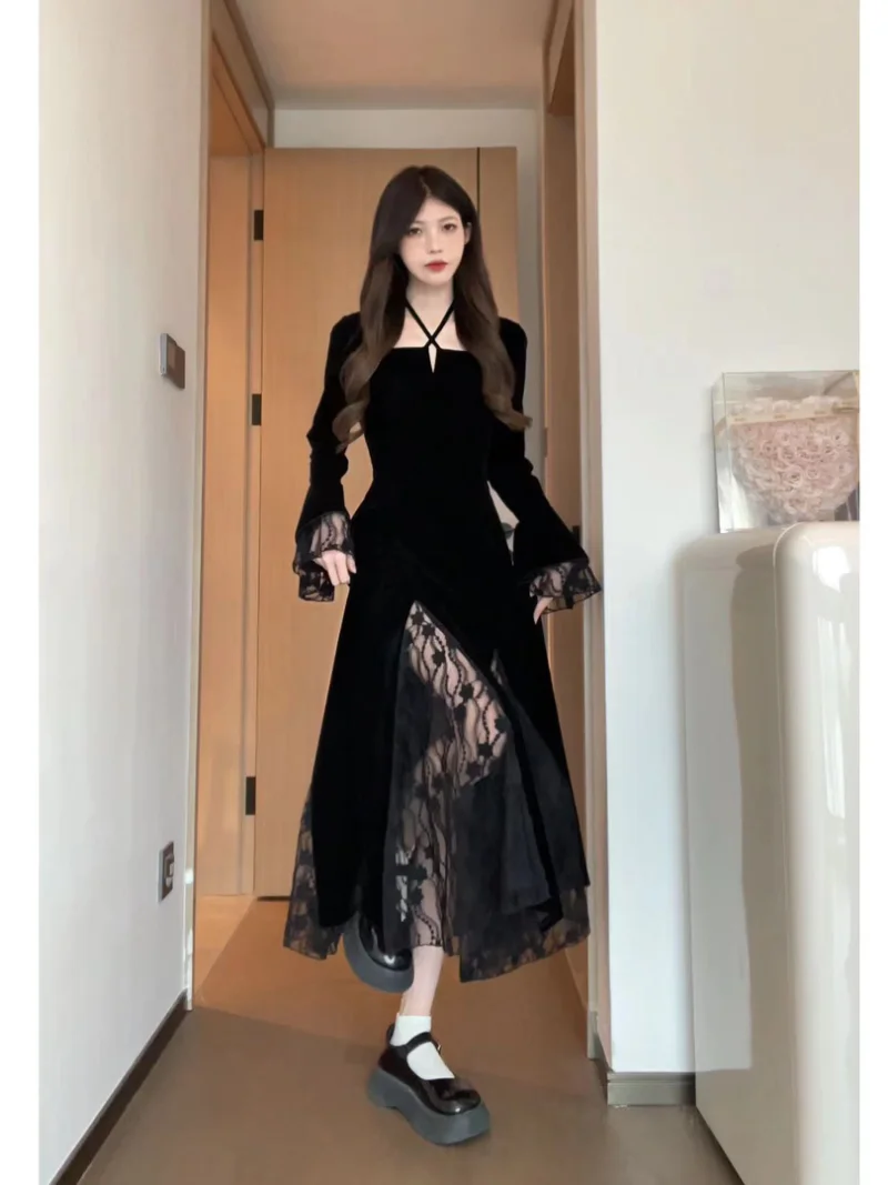 

French Vintage Lace Split Black Velvet Female Clothing Autumn Winter New Elegant Fashion Evening Wedding Party Dresses for Women