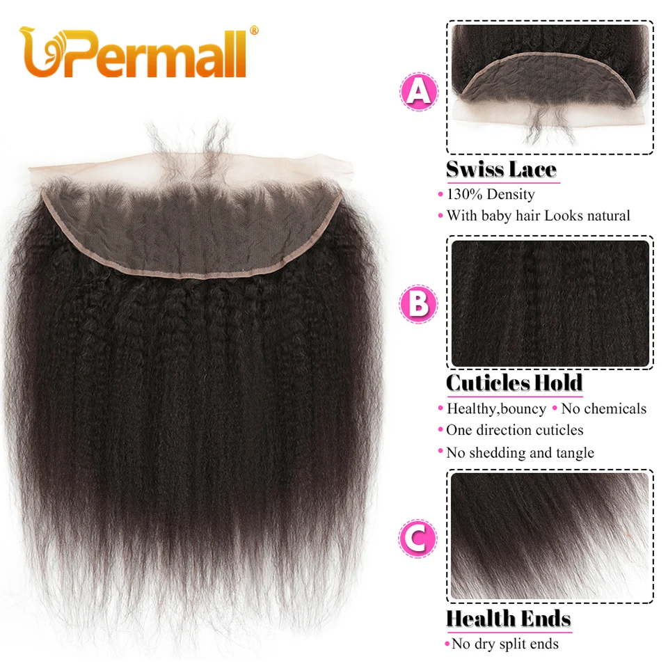 Upermall-mechones de cabello humano liso rizado, extensiones con Frontal transparente, tejido Yaki brasileño de 30 pulgadas, cierre de encaje suave de 13x4, 2/3/4