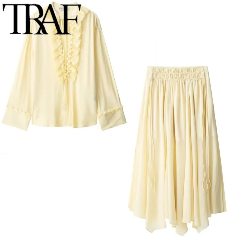 TRAF 2025 Woman Fashion Loose V-neck Skirt Shirt Sets Casual Slim High Waisted Skirt Suits Spring Summer - Image 2