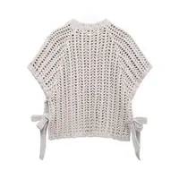 Hollow Out Knit Pullover Women Casual Round Neck Lace Up Bow Sweater Female Autumn Short Sleeves Solid Knitwears Lady - Image 2