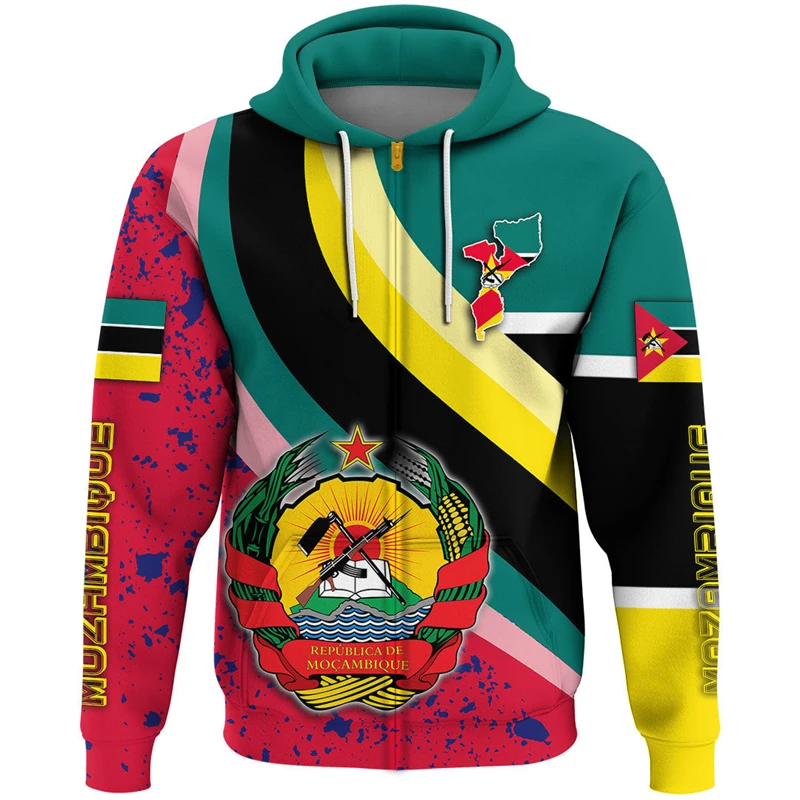 thumbnail image 1 of Sudadera con capucha y cremallera con estampado 3D de la bandera de Mozambique para hombre, ropa informal para niño, sudaderas con estampado de emblema nacional, abrigo africano, 1 of 5