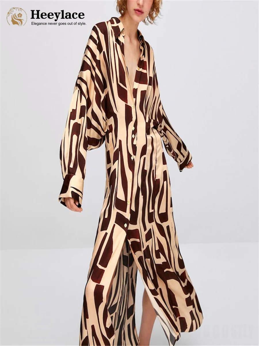 

2023 Women Spring New Geometric Print Fashion Lapel Bat Shirt Dress Female Temperament Lapel Long Sleeve Single Breasted Dresses