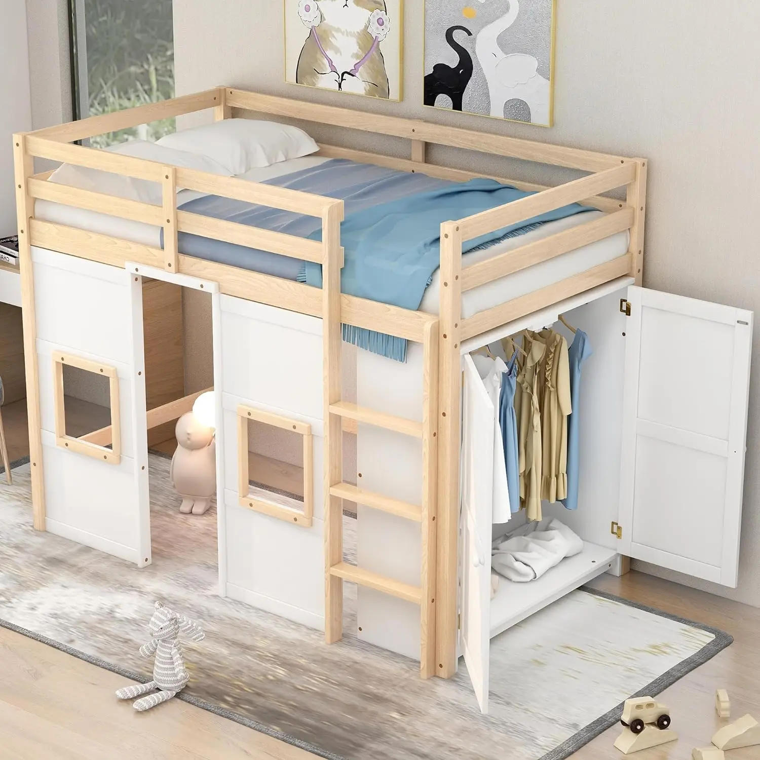 

Twin Size Loft Bed with Built-in Storage Wardrobe and 2 Windows, Wood Playhouse Loft Bed Frame with High Guard Rails for Kids