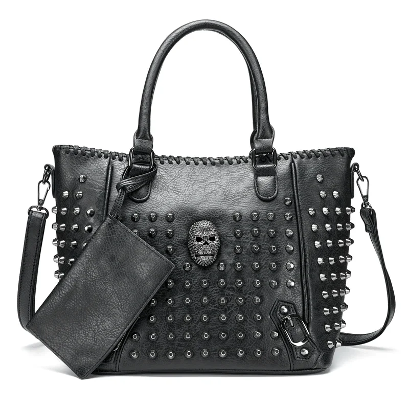 

New Rivet Women Pu Leather Crossbody Bag Purse Skull Handbag Quality Punk Shoulder Bag With Wallet Messenger Bag