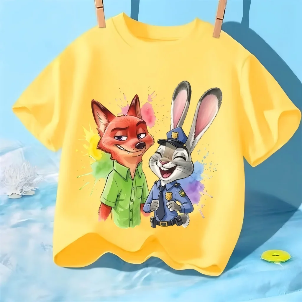 Zootopia 닉과 주디 여름 프린트가 있는 어린이용 반팔 티셔츠, 야외 스포츠용 루즈핏 티셔츠