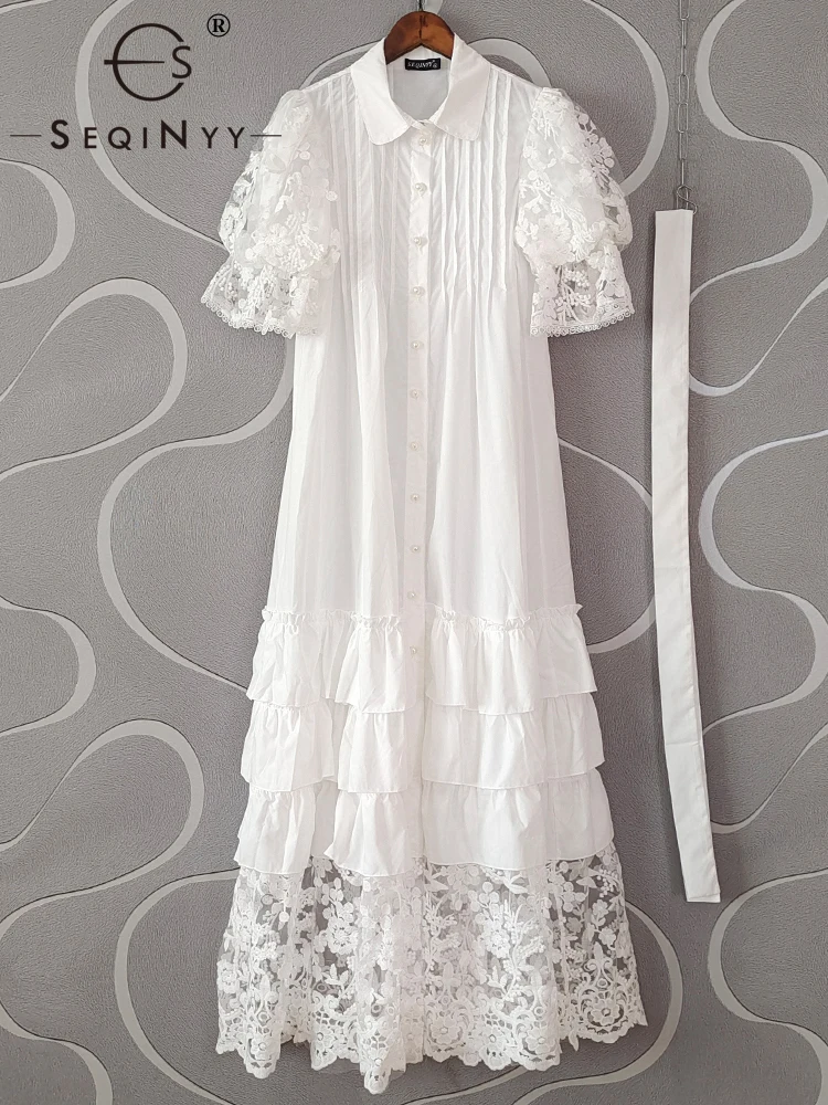 

SEQINYY Elegant Long Dress Summer Spring New Fashion Design Women Runway High Street Embroidery Flowers Mesh A-Line Belt Party