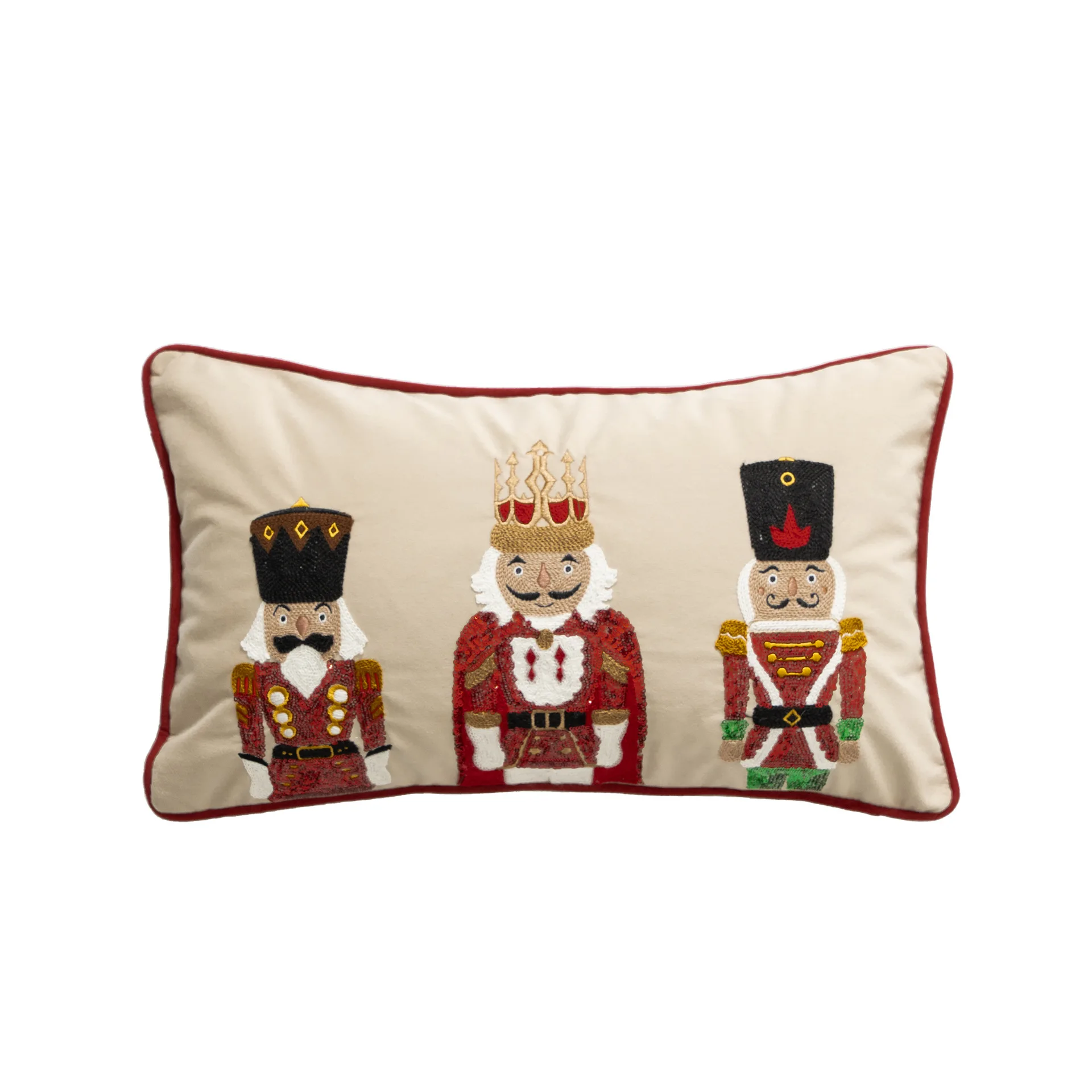 Festive White Embroidered Holiday Pillow Cover with Santa, Tree, and Nutcracker Design