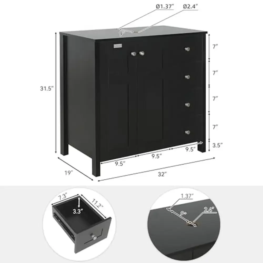 32-Inch Modern Black Bathroom Vanity Set with 4 Drawers and Ceramic Sink Top Easy to Clean and Stylish Includes Faucet Drain