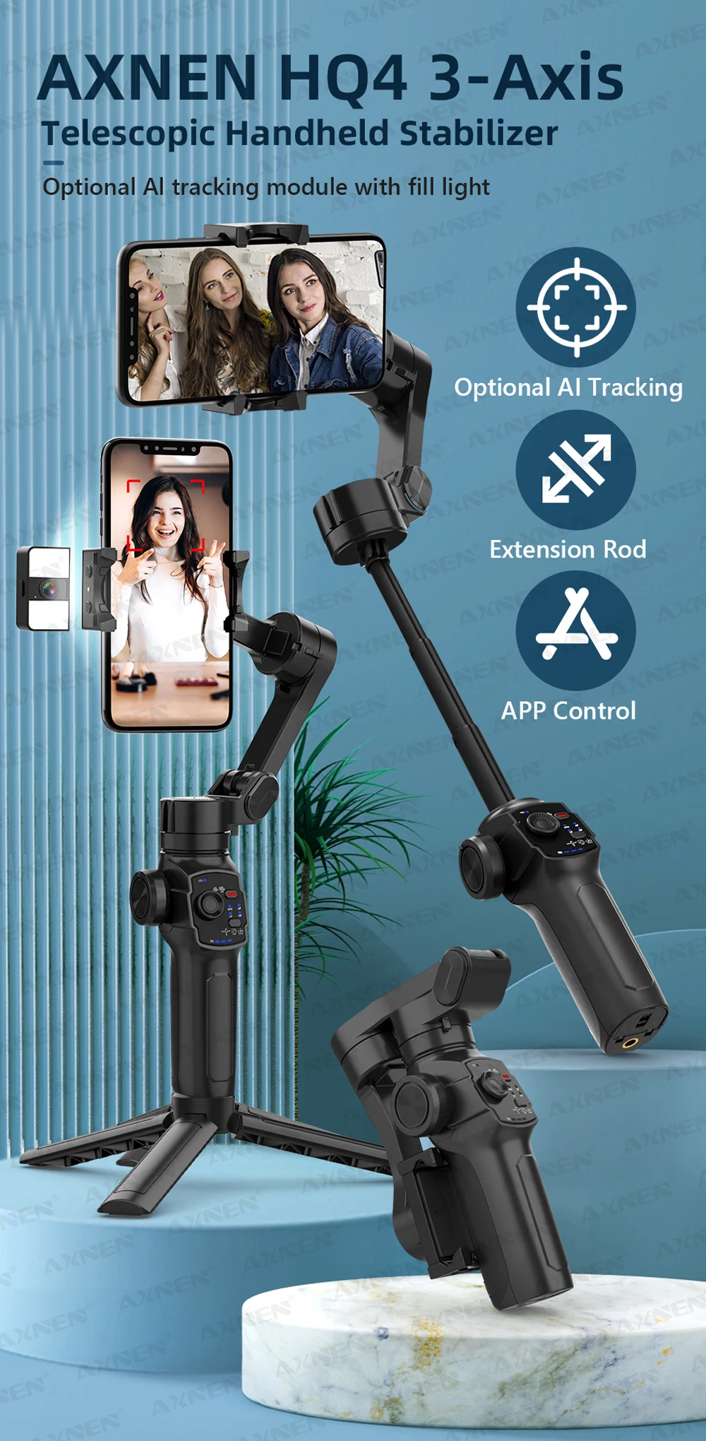 Description Picture 3 of itemAXNEN HQ4 Photography Follow Focus 3-Axis Handheld Gimbal Phone Stabilizer with AI Tracker Fill Light Extension Rod for Mobile