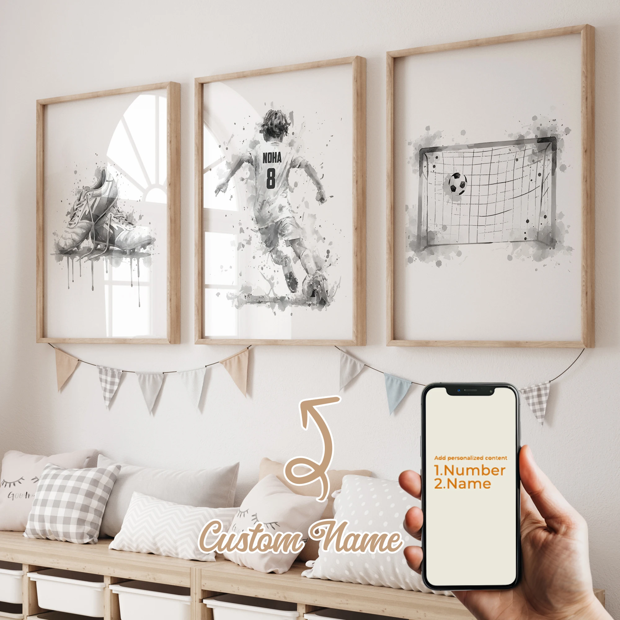3pcs Personalized Custom Name Cartoon Child Football Wall Art Print Picture Canvas Poster Painting For Living Room Home Decor 4