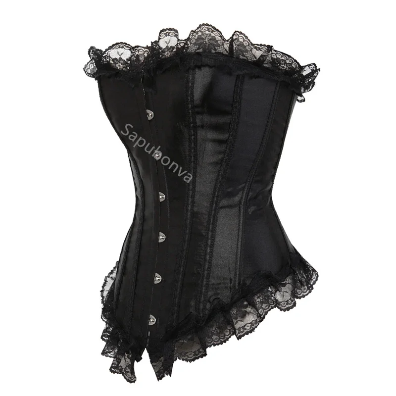 Sapubonva Brown Corset Bustier Top with Lace Up Trim Satin Overbust Costumes Ladies Victorian Renissance Blue Yellow Red Black