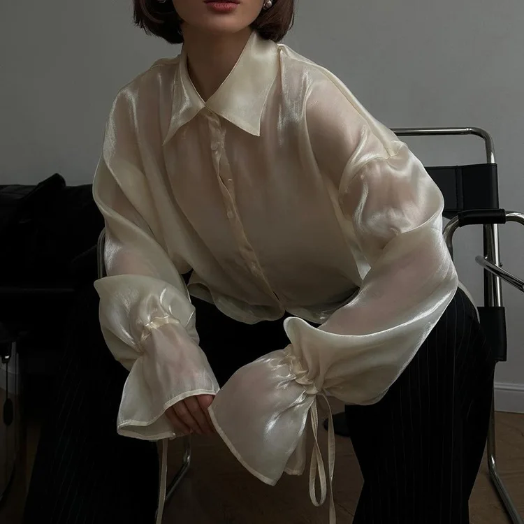 Blusa informal holgada transparente con solapa y manga larga con cordones para mujer, ropa de verano 2025, con parches lisos