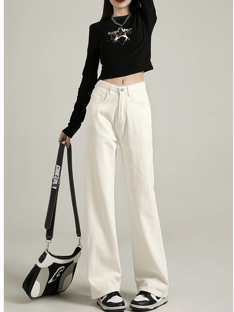 Trousers Women's Washed Cotton Denim White Autumn Winter Fleece-Lined Warm Loose Casual Fashion Slimming Draping Wide Leg Pants