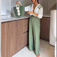 Ensemble de vêtements à fleurs florales à manches longues pour femmes, haut de chemise à boutonnage simple, pantalon taille haute à jambes larges, 2 pièces 3