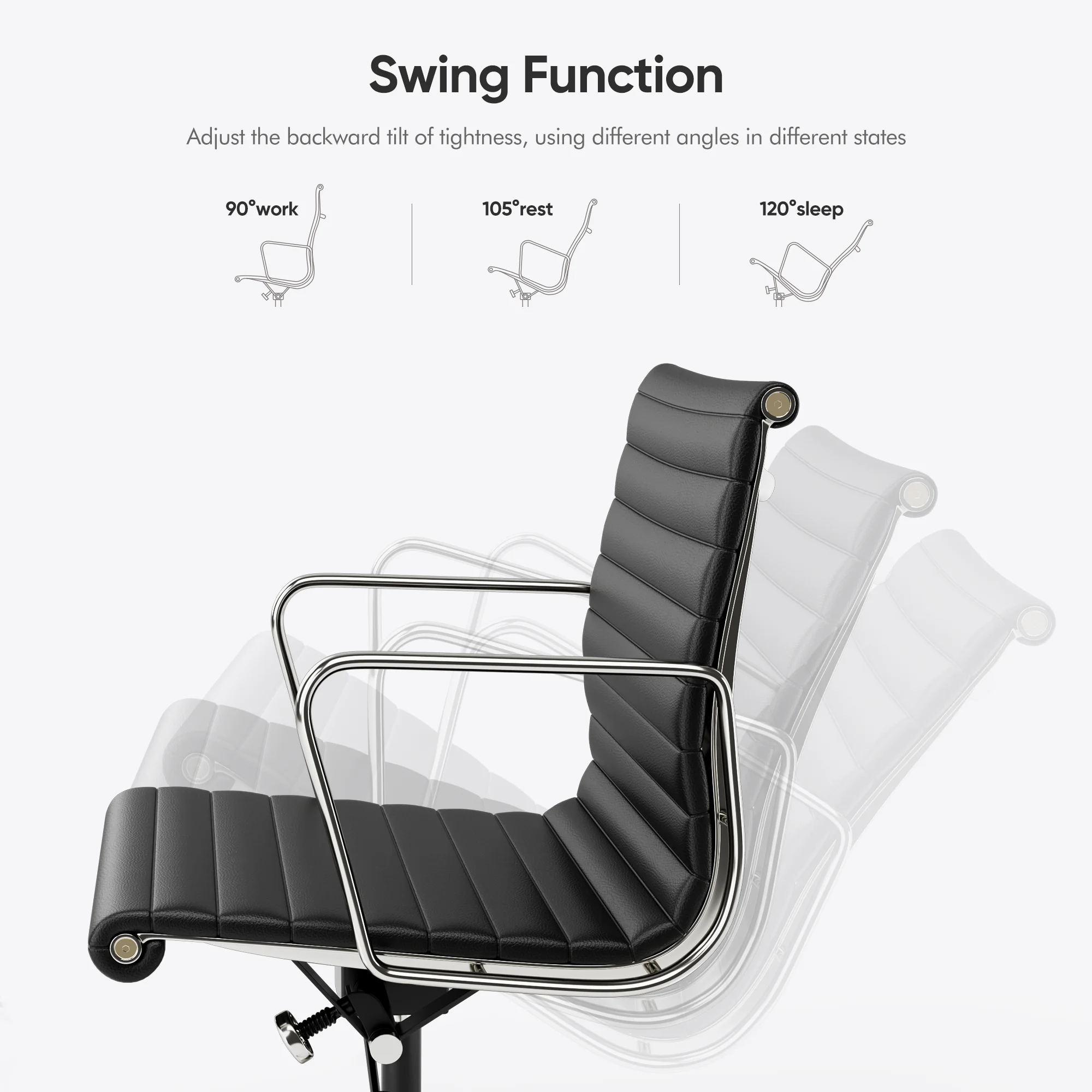 High Mid Back Ribbed Office Chair Genuine Leather Swivel Chair Adjustable Ergonomic Computer Chair with Aluminium Alloy Frame 4