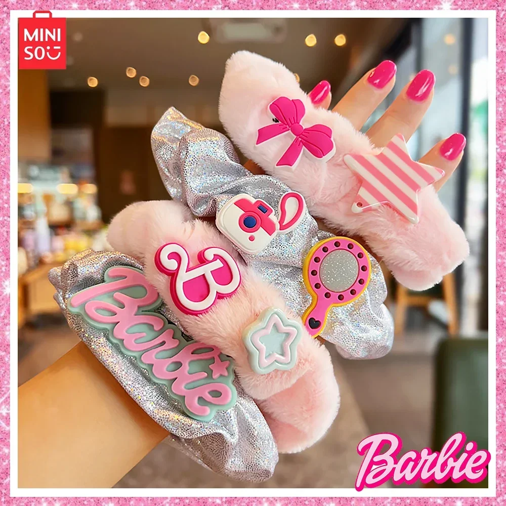 

Miniso 2024 New 4-Pcs Barbie Y2K Korean Fashion Silver Large Intestine Hair Ring Cute Plush Sweet Cool Girl Hair Accessories