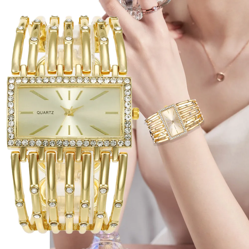 

Luxury Qualities Women's Fashion 2023 Diamond Rectangle Watches Gold Alloy Bracelet Wristwatches Simple Ladies Quartz Clock Gift