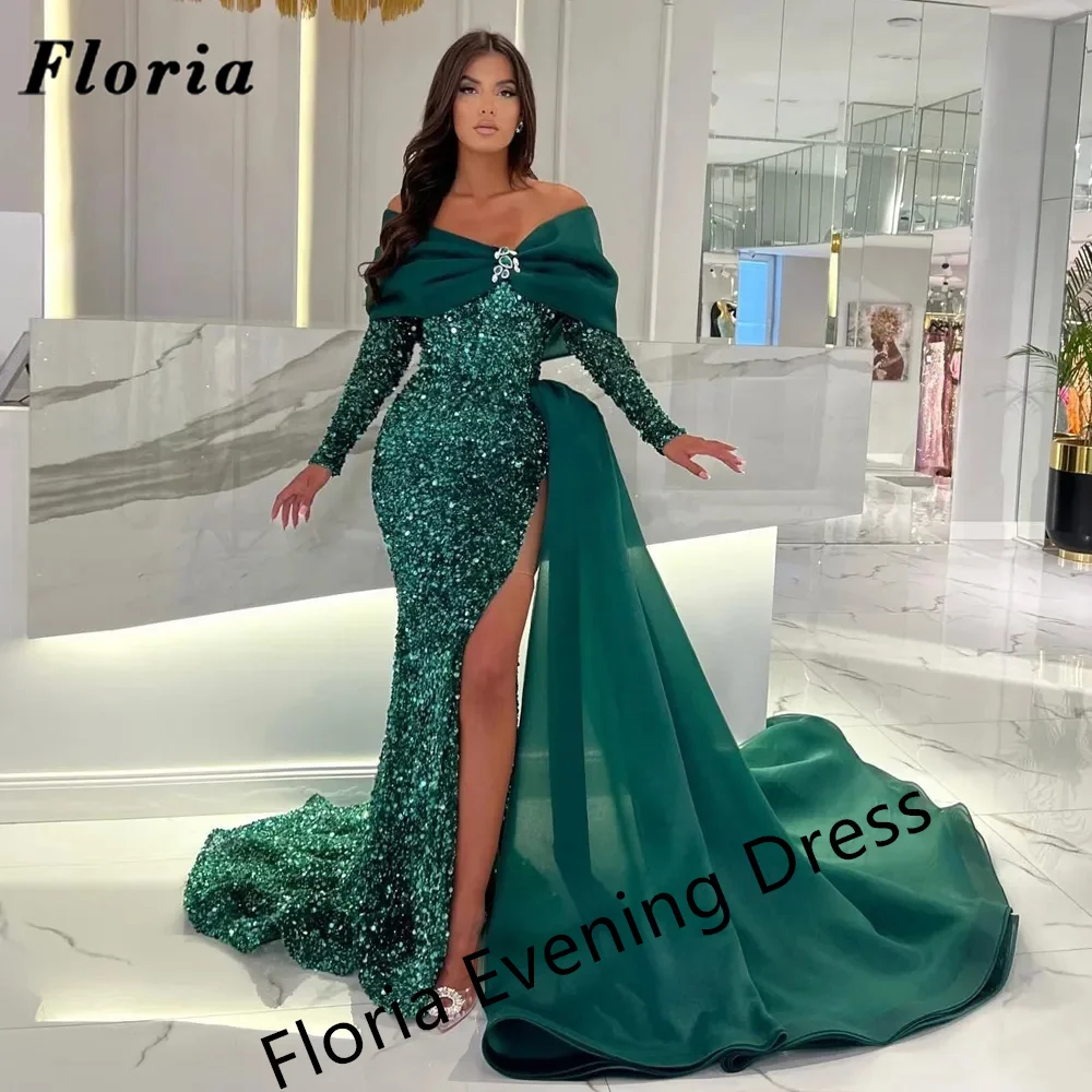 

Бирюзовые Официальные Вечерние платья с открытыми плечами, Индивидуальные женские длинные блестящие платья с разрезом и юбкой-годе, модель 2023