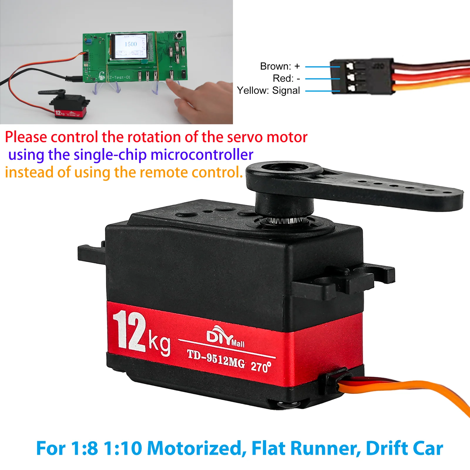 Servomoteur RC 360° avec bras 25T vert, câbles orange et marron, adapté pour bateau RC