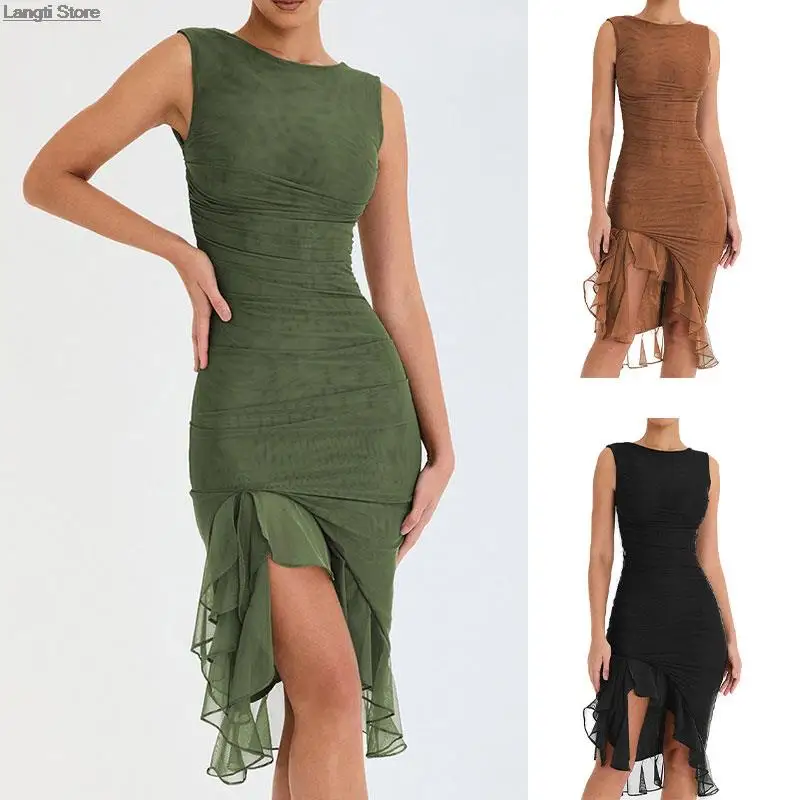 

Women Summer Tulle Dress Sleeveless Tassels Sheer Dresses Lady Sexy Slim Fit Backless Dress Elegant Evening Party Midi Dress