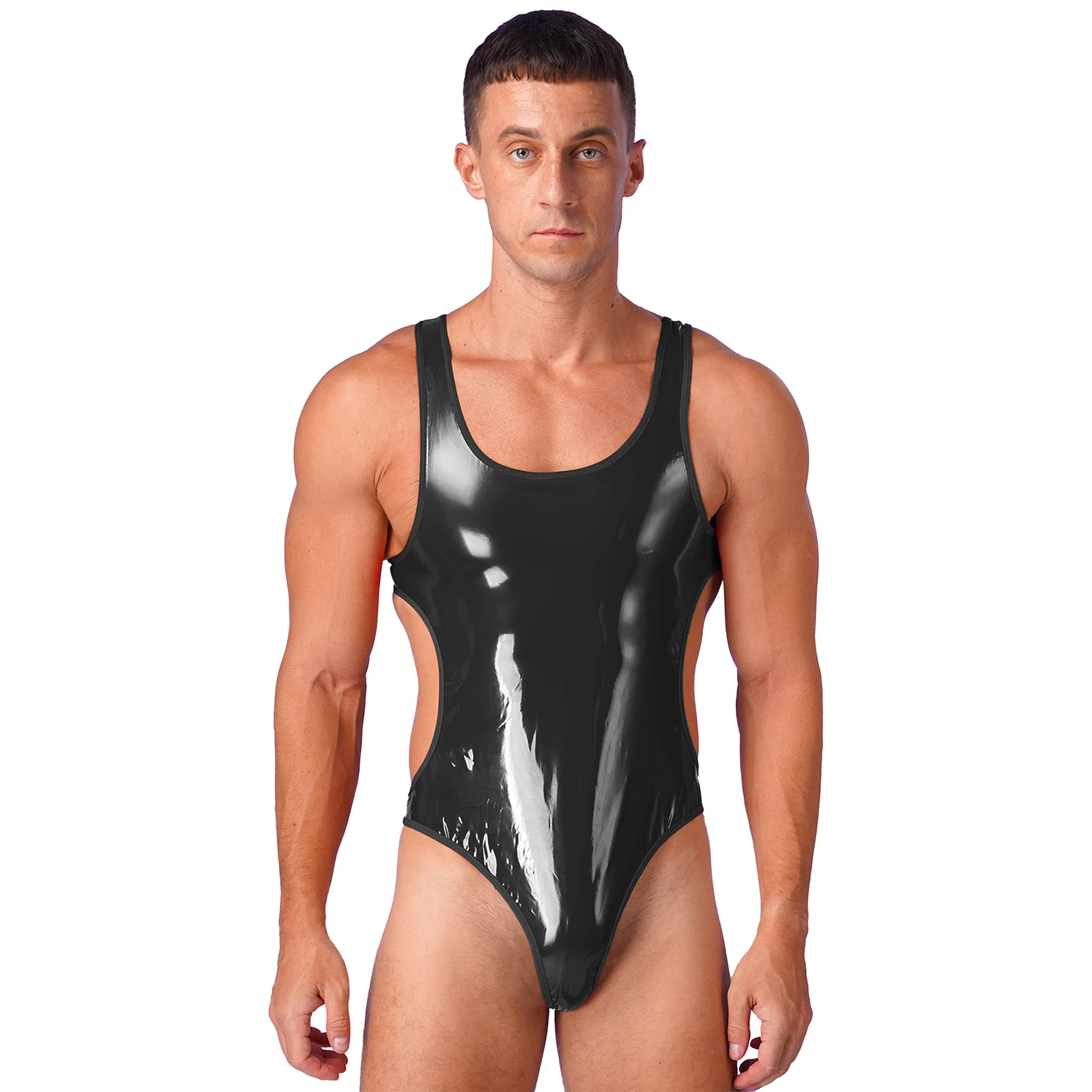 thumbnail image 1 of Lencería para hombre, traje de baño de charol con efecto mojado, espalda abierta, escote en U, sin mangas, lencería, traje de baño de una pieza, ropa de baño para fiesta, 1 of 5