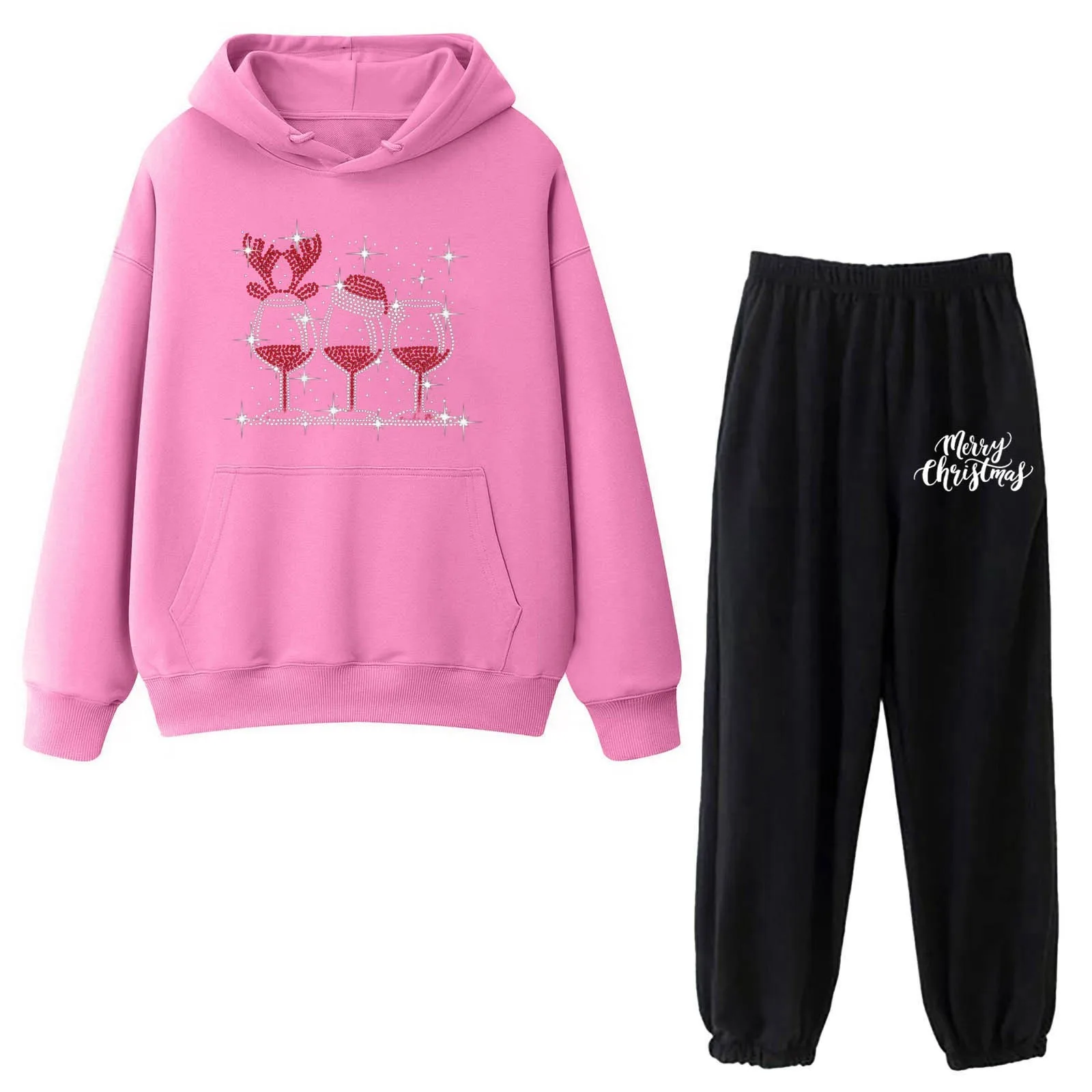 

Женский теплый костюм из 2 предметов, свитшот с капюшоном и принтом винного бокала и спортивные штаны для бега, костюм из 2 предметов, Осень-зима