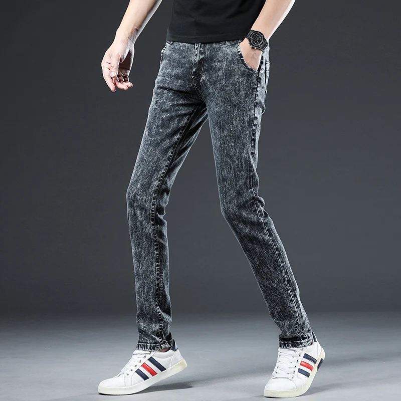 2024 Classic Korean Fashion Street Trendy Men Skinny Retro Snowflake Design Slim Fit Denim Pants New Elastic Cotton Men Jeans 4