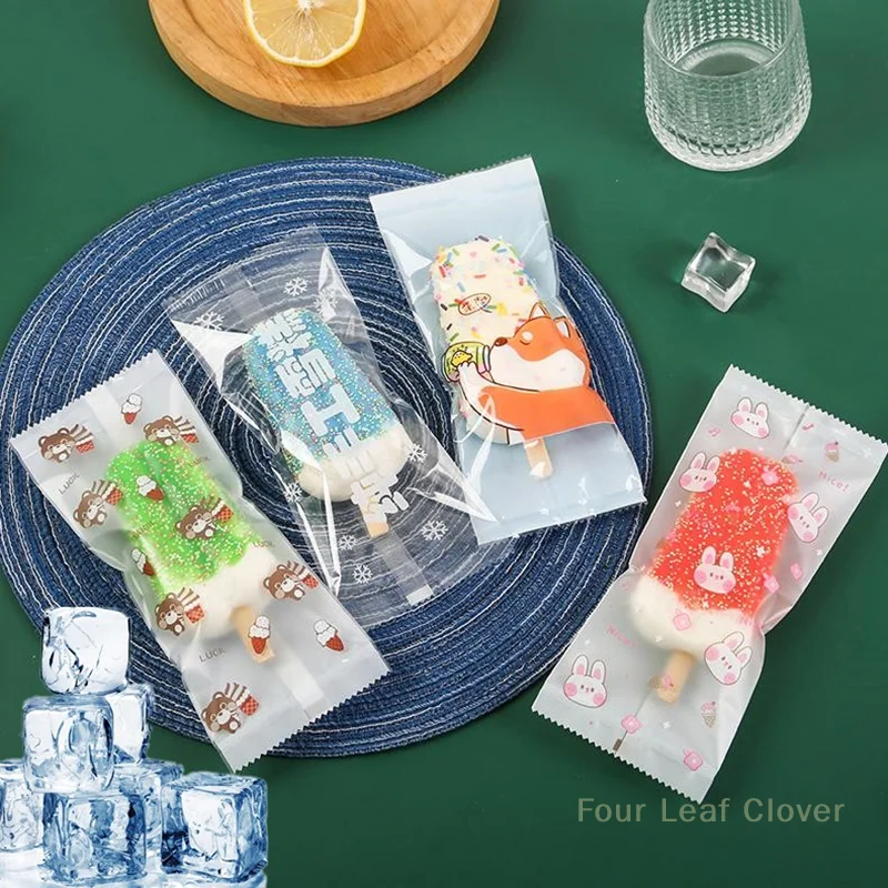 100pcs Food Grade Ice Cream Bags Disposable Plastic Popsicle Protective Cover Storage Cartoon Ice Popsicle Packing Bag DIY