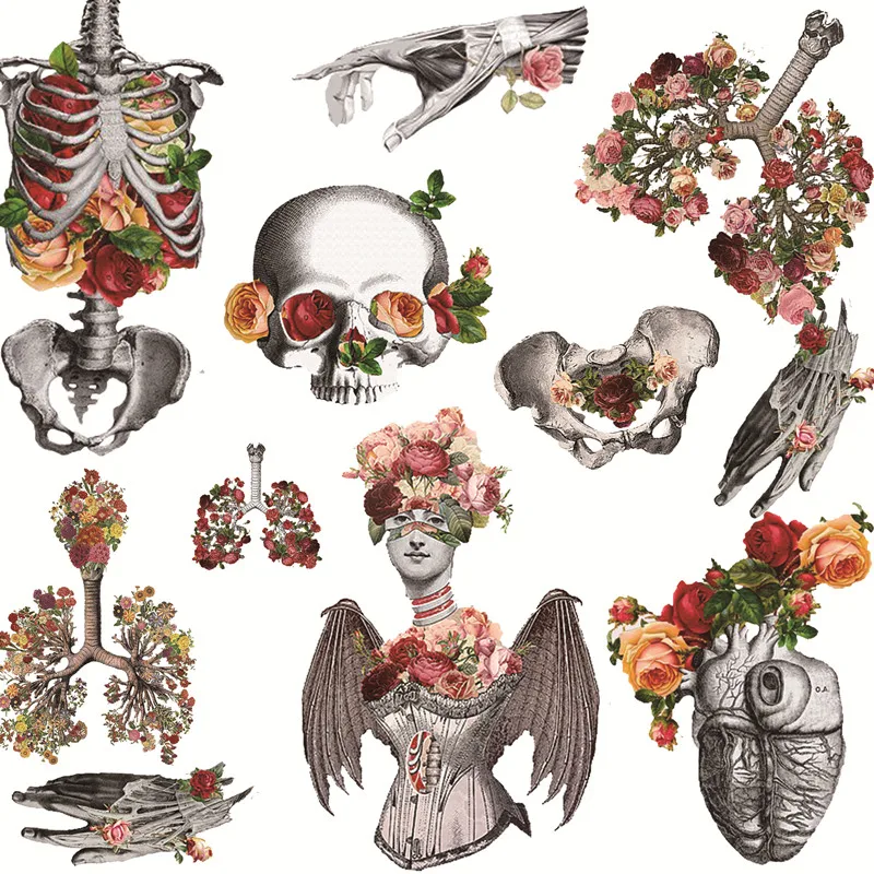

12pcs Vintage flowers and skulls Stickers Crafts And Scrapbooking stickers kids toys book Decorative sticker DIY Stationery