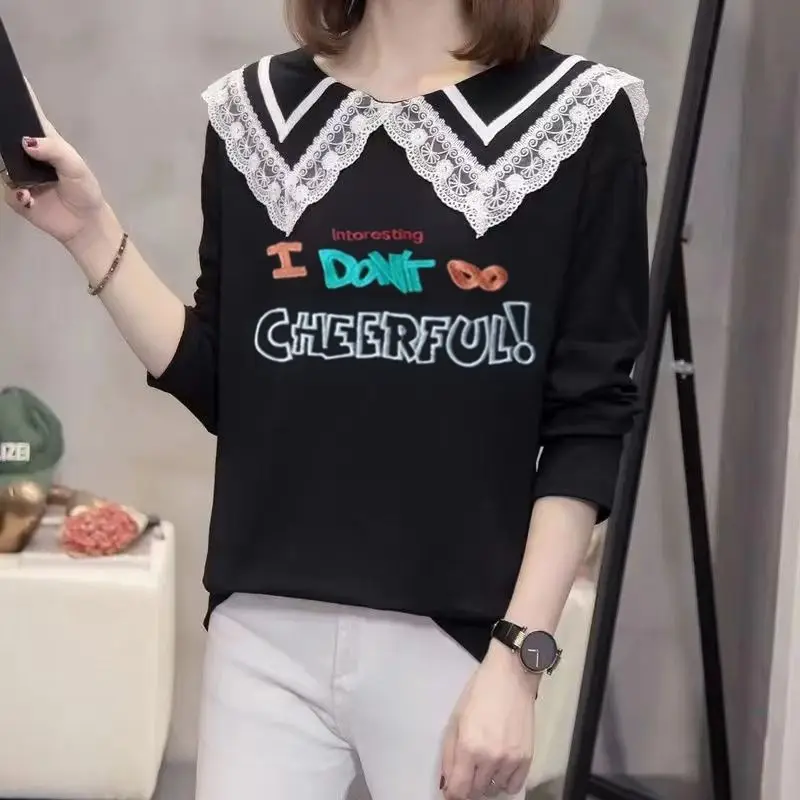 

Sweet Peter Pan Colla Embroidery Lace T-Shirt Female Clothing 2023 Autumn New Casual Pullovers All-match Tee Shirts