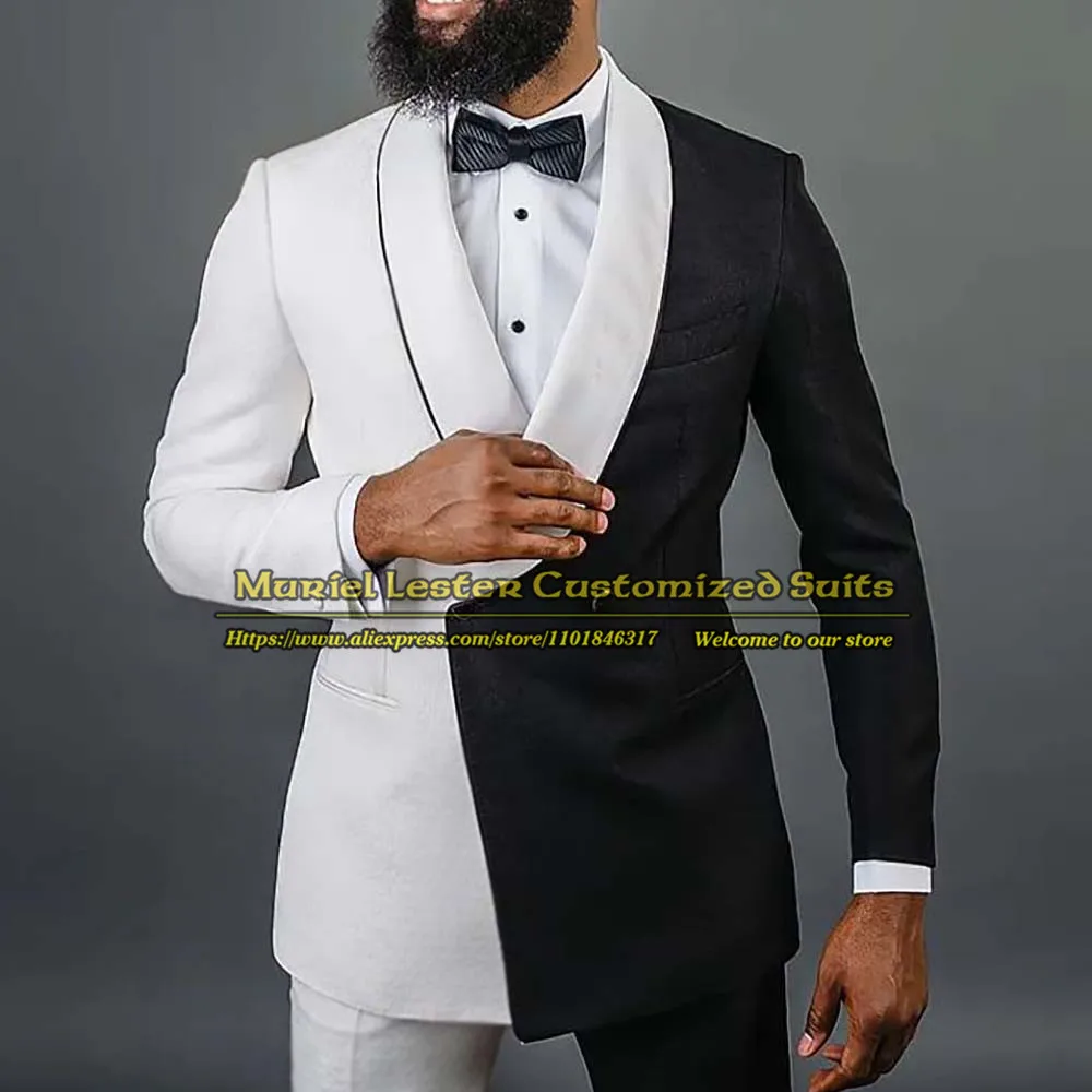 

Smart Casual Suits Men Black/White Splicing Blazer Sets Tailored Made Double Breasted Coat Pant Design 2 Pieces Party Dress 2022