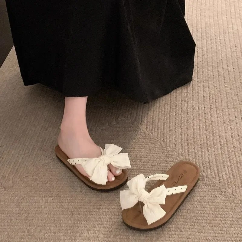 Women Slippers Fashion Cute Bow Anti Slip Sandals Wear-resistant Comfortable Soft Sole Flat Heel Beach Outdoor Slippers
