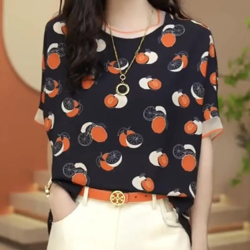 

Fashion Commute Summer Women's Round Neck Printed Geometric Spliced Gauze Loose Short Sleeve Comfortable Versatile T-shirts Tops